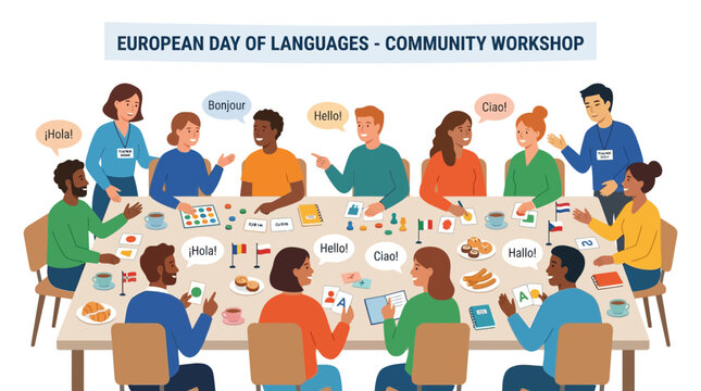 Diverse people at community workshop celebrating European Day of Languages, learning greetings