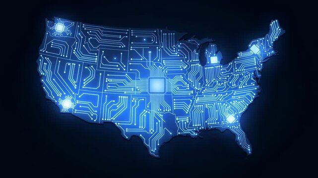 Circuit board style digital map of the united states with glowing processor nodes 4K video usa map 4K video
