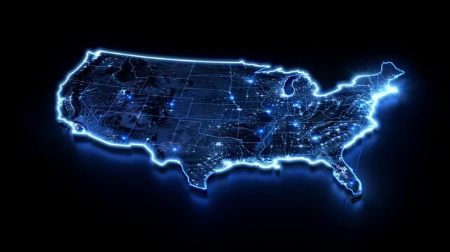 Glowing digital map of the united states with illuminated network nodes on dark background 4K video