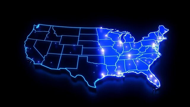 Glowing blue neon map of the united states showing state borders on dark background 4K video usa technology 4K video