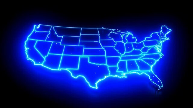Glowing neon blue map of the united states on black background 4K video usa technology abstract outline 4K video