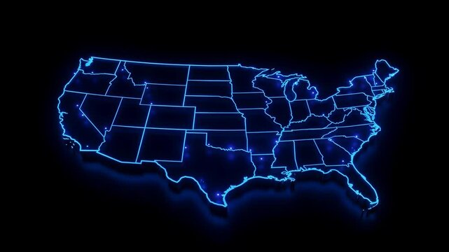 Animated glowing blue neon map of the united states on dark background 4K video usa technology abstract 4K video