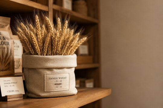 Linen sack with emmer wheat ears on wooden shelf, natural grain retail display still life