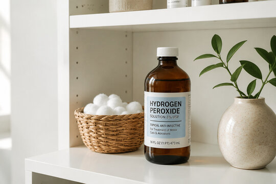 Amber glass hydrogen peroxide bottle with wicker basket and cotton balls on white shelf, home care and pharmacy concept