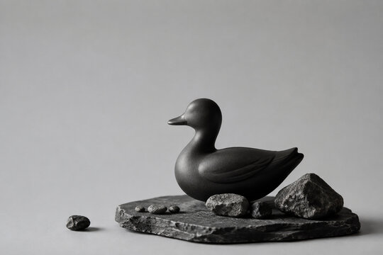 Black ceramic duck figurine on slate base with pebbles, minimalist still life with copy space