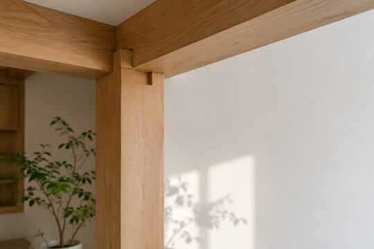 Light oak column with wooden joint and green plant, interior architecture concept