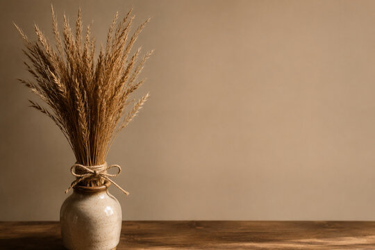 Dried grass bundle in ceramic vase, natural home decor and calm still life concept