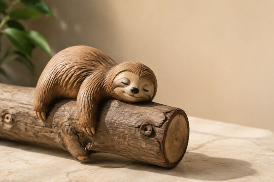 Wooden sloth figurine hanging on tree branch, nature craft concept