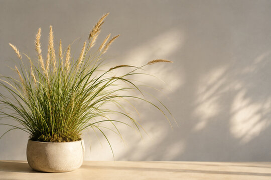 Potted ornamental grass, minimalist plant decor concept