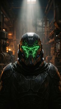 Shadowy figure in a futuristic setting with glowing elements and a dark atmosphere