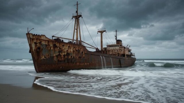 Haunting rusty abandoned shipwreck stranded on a desolate sandy beach, waves crashing against the corroded hull, dark moody stormy sky