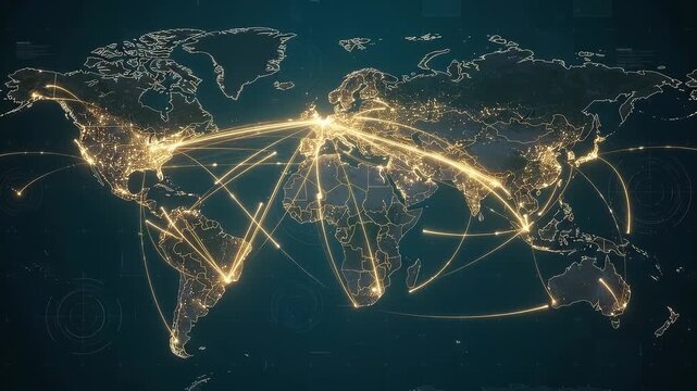 Futuristic illuminated world map with golden network connections across continents on a dark teal ocean, symbolizing global digital data
