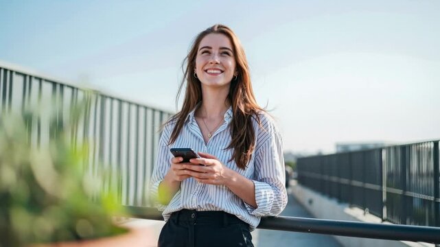 Young woman standing on a bridge using her smartphone outdoors 4K video outdoor portrait smiling person 4K video