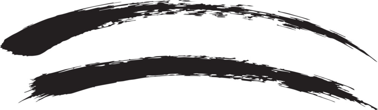 Two horizontal black brush strokes with textured edges isolated on a plain white background for design