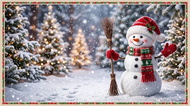 Cute snowman wearing red hat and scarf holding broom outdoors in winter snow