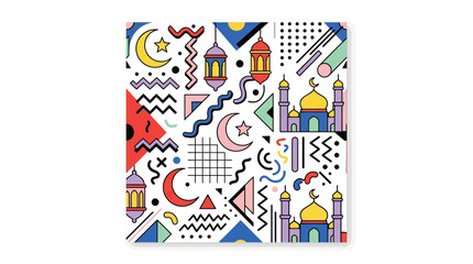 Obraz premium Ramadan Kareem pattern with mosques, lanterns, moon, stars, and abstract Memphis design elements
