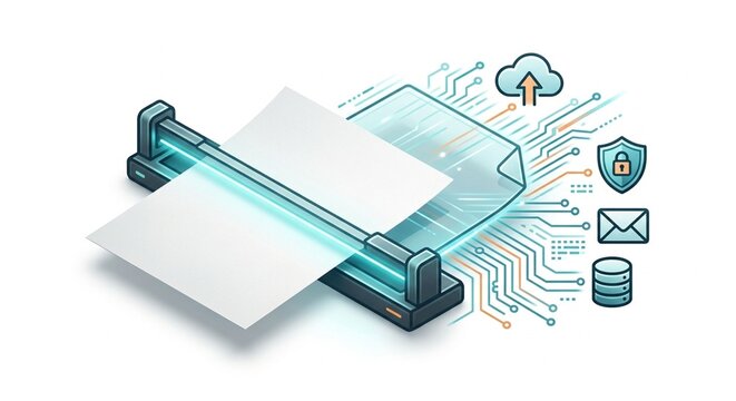 Isometric illustration of a digital document scanner converting paper to cloud data with tech icons for paperless office concepts.