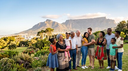 Obraz premium A diverse multi-generational South African family smiling together outdoors in a park with Table Mountain in the background