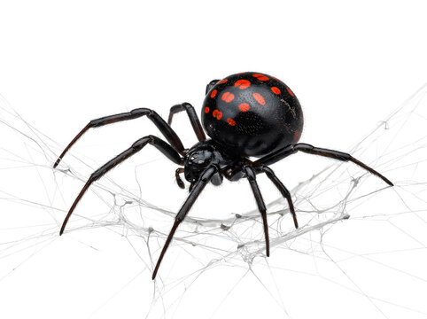 Detailed shot of a black widow spider on its web, isolated on white.