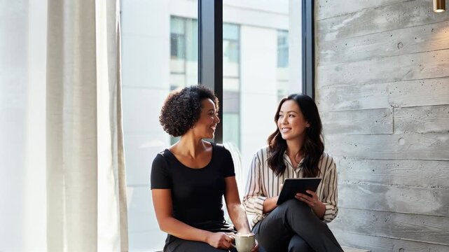Two women having friendly business conversation using digital tablet in modern workspace 4K video
