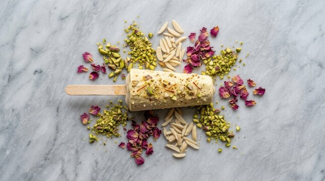 Malai Kulfi ice cream on a stick with crushed pistachios, almonds and dried rose petals.