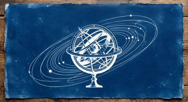 Vintage cyanotype sun print antique armillary sphere on Prussian blue paper