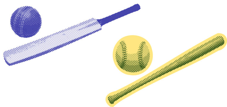 A retro halftone sticker collection featuring a blue cricket bat with ball alongside a green baseball bat with ball, styled with a distinct white offset outline.