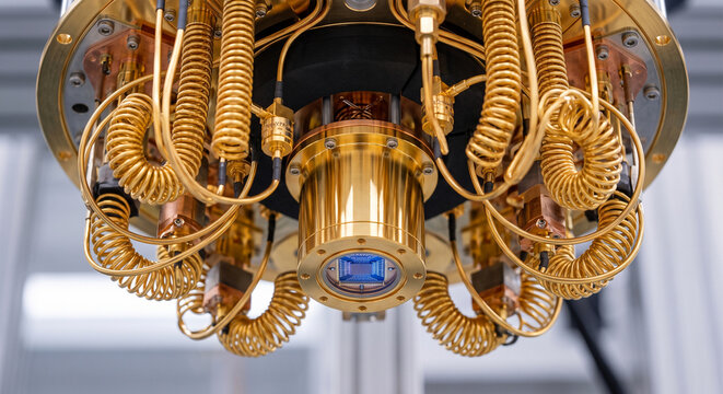 Close-up of Quantum Processor Chip in Cryogenic Dilution Refrigerator