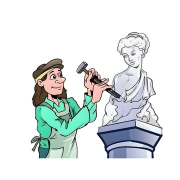 Sebuah gambar ilustrasi seorang pemahat yang sedang memahat patung klasik bergaya wanita.