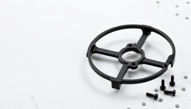 Motor guard machined from anodized matte-black aluminum, resting on a clean white composite drone building table next to small hex screws