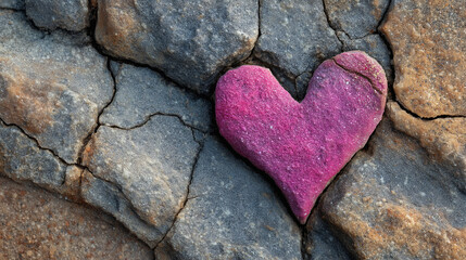 Obraz premium Pink glitter heart shape embedded in rough textured grey stone background