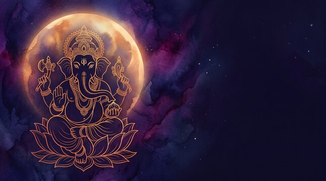 Golden lord ganesha line art on dark watercolor background