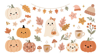Fototapeta premium Collection of cozy autumn and Halloween illustrations.
