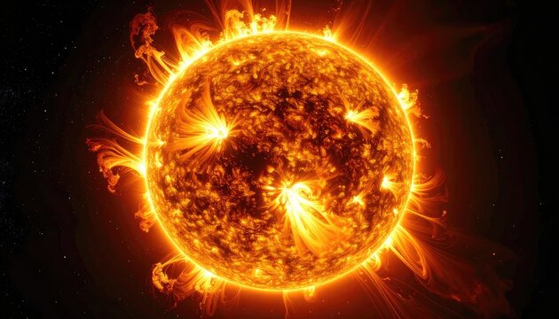 A vibrant, fiery depiction of the Sun, showcasing its intense energy and solar flares.