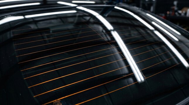 Extreme close-up of a sleek glossy black car rear windshield with orange defroster lines reflecting linear fluorescent garage lights