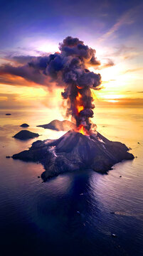 Active Anak krakatau volcano eruption over ocean of Sunda strait in Indonesia with ash cloud and lava 