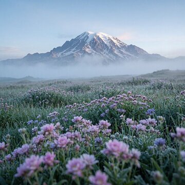 Soft morning fog drifting across a meadow of wildflowers beneath Mount Rainier
