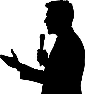 Silhouette of a Man Speaking into a Microphone and Gesturing with One Hand during a Public Speech or Presentation