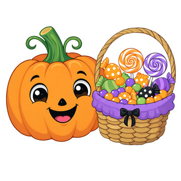 Cute cartoon pumpkin character standing next to a wicker basket filled with colorful halloween candies and lollipops transparent background