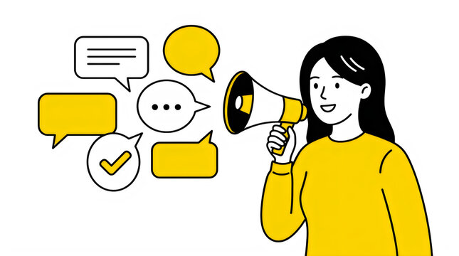Young woman holding a megaphone with various speech bubbles and communication icons around her, representing announcement, feedback, and social media interaction isolated on transparent background