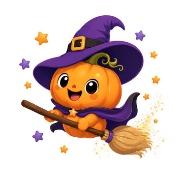 Cute cartoon pumpkin character wearing a witch hat flying on a magical broomstick for halloween decoration transparent background