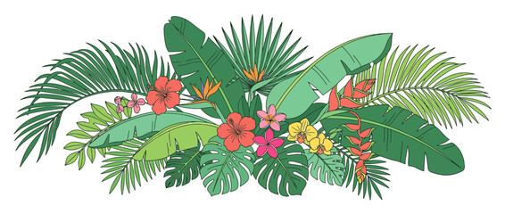 Tropical Foliage and Exotic Flowers Arrangement Isolated © velina