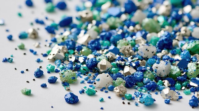 Closeup of scattered blue, green and silver ore fragments on white background, rough natural crystal texture with sparkling particles, suitable for geological research and gemstone concept.