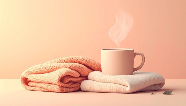 Flat Vector Steaming Mug Beside a Folded Blanket Shape
