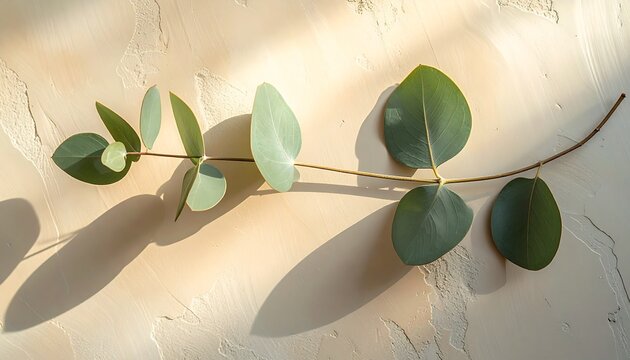 Eucalyptus Stem and Its Soft Shadow on a Plaster Wall