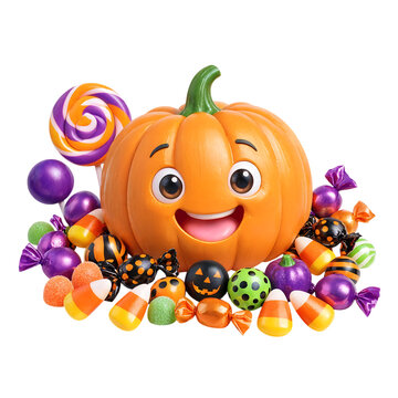 Cute smiling jackolantern pumpkin surrounded by colorful halloween candy and sweets isolated on white background transparent background