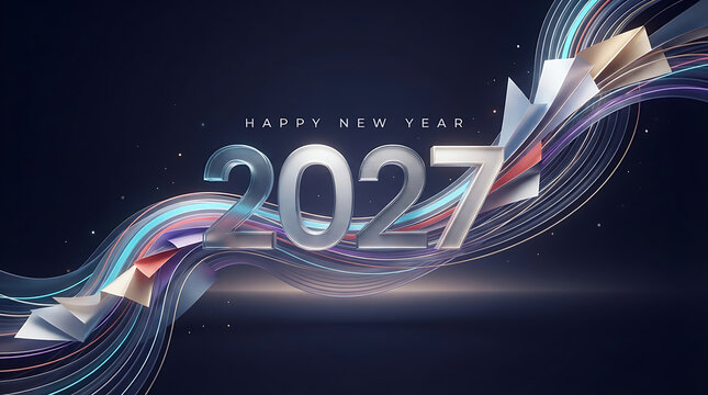 Happy new year 2027 banner with metallic numbers on abstract wave pattern background (86 characters)
