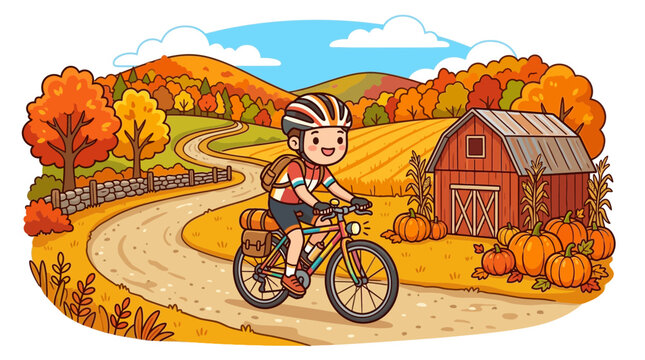 Boy cycling past red barn and autumn pumpkin patch