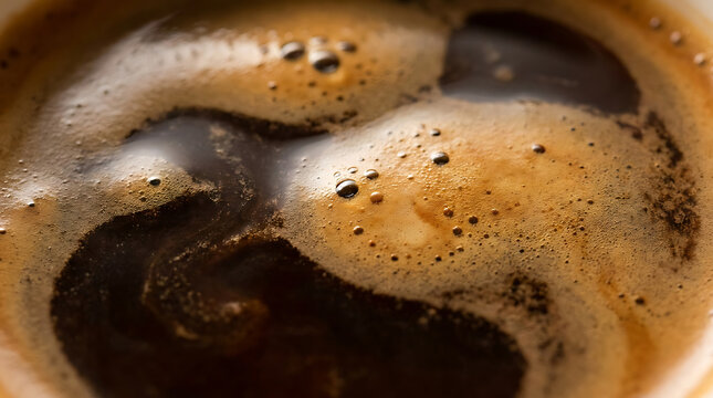 Macro close-up shot of freshly brewed coffee crema, showcasing rich dark liquid textures and delicate golden foam bubbles