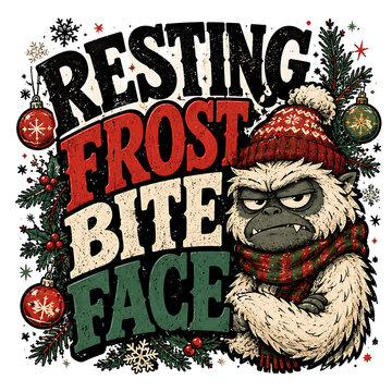 Grumpy yeti with resting frostbite face surrounded by festive holiday decorations and winter elements